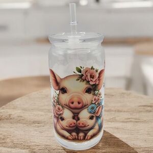 Floral Momma Pig & Piglet Plastic Tumbler with Acrylic Lid & Reusable Straw